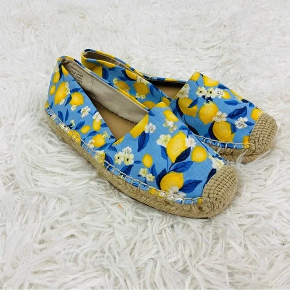 NWOT ANN TAYLOR blue & yellow lemon print tapestry summer espadrille shoes SZ 6 - Picture 4 of 17